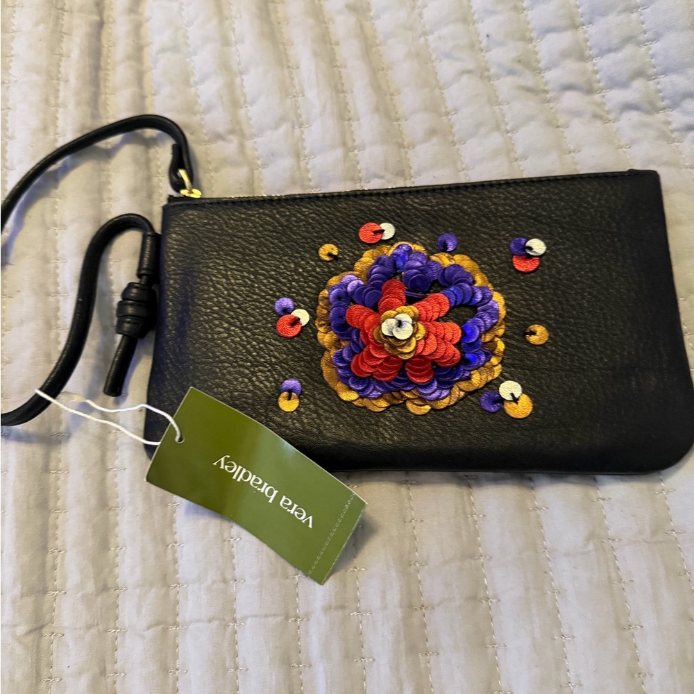 Vera Bradley Black Wristlet with Colorful Sequin Floral Appliqué